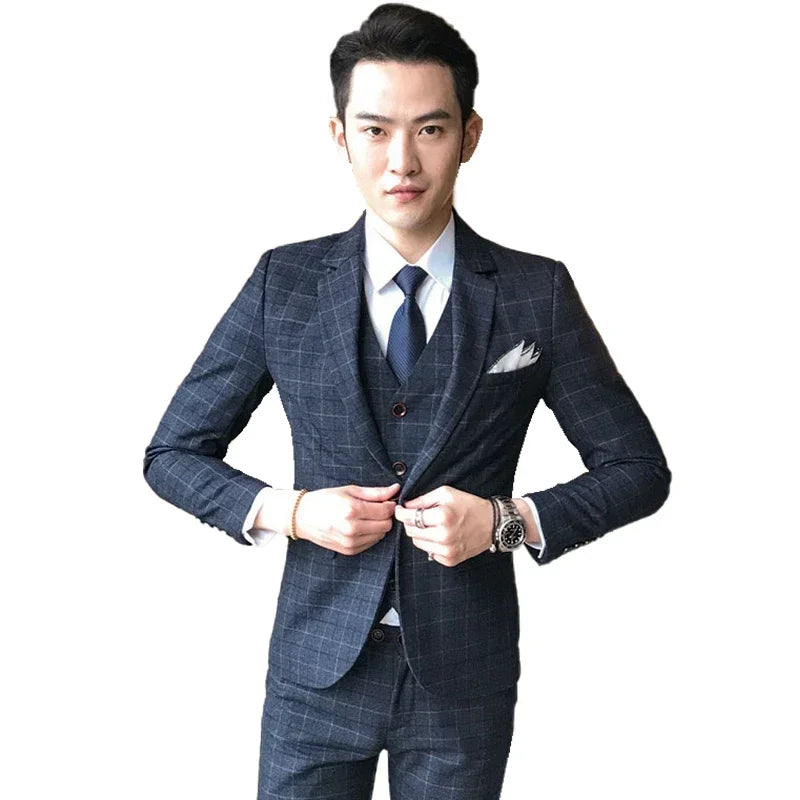 Left view of SHOWLU FASHION STORE men's 3-piece plaid suit with slim fit blazer, perfect for wedding or business occasions.