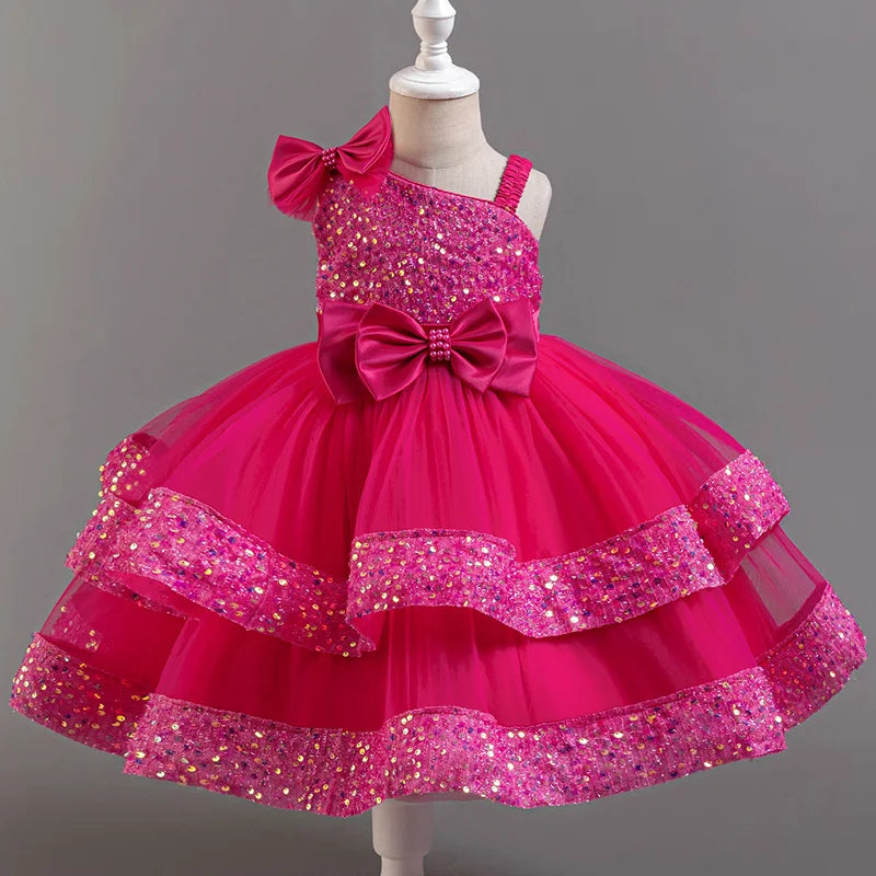 Girls sequin flower girl dress by Showlu Fashion Store, sleeveless ball gown with floral embellishments for special occasions.