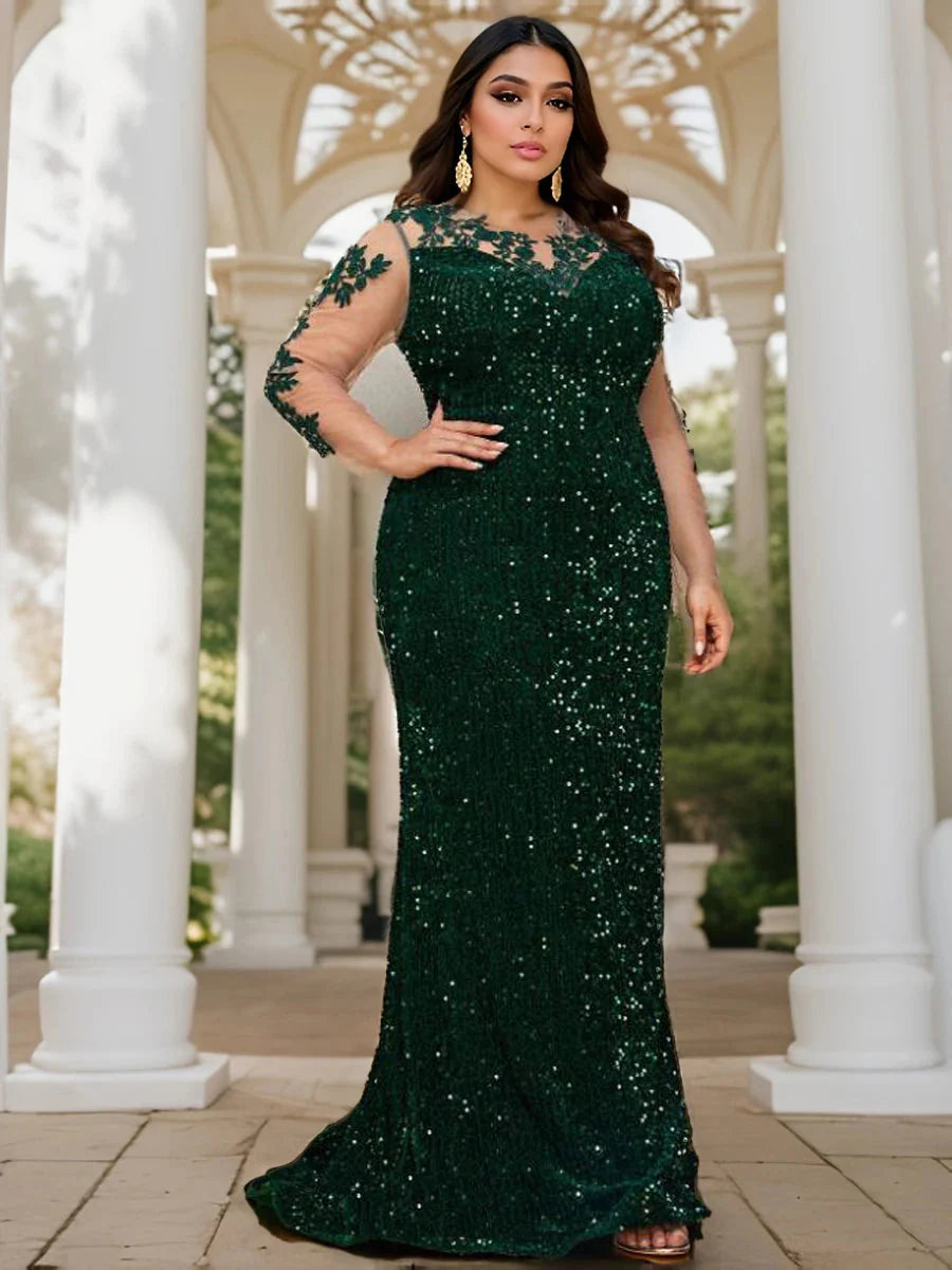 Elegant SHOWLU FASHION Sequin Lace Mermaid Prom Gown with illusion long sleeves, intricate lace details, and shimmering sequin embellishments.