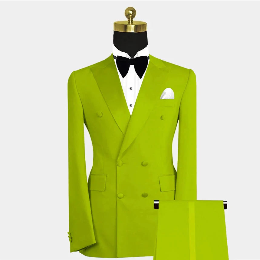 SHOWLU Blue double-breasted men's 2-piece slim fit suit for wedding, tailored with sharp lapels and modern style.