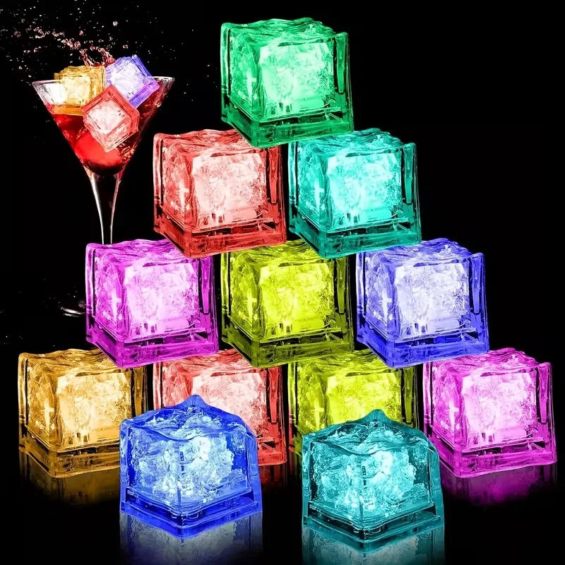 Set of 6 waterproof LED glowing ice cube lights from Showlu Smart General, liquid sensor drink mood cubes for party ambiance.