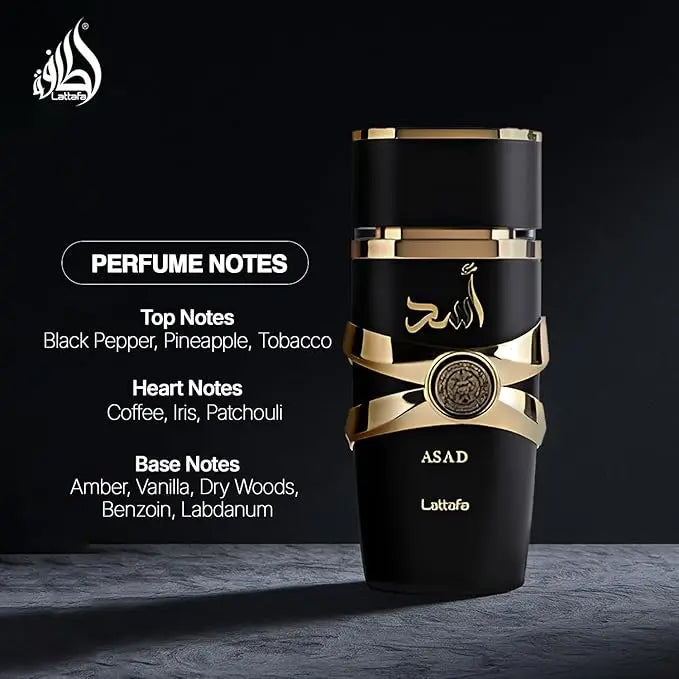 Lattafa Asad Pheromone Perfume for Men and Women in 100ml bottle, Arabian fragrance with elegant spray design.