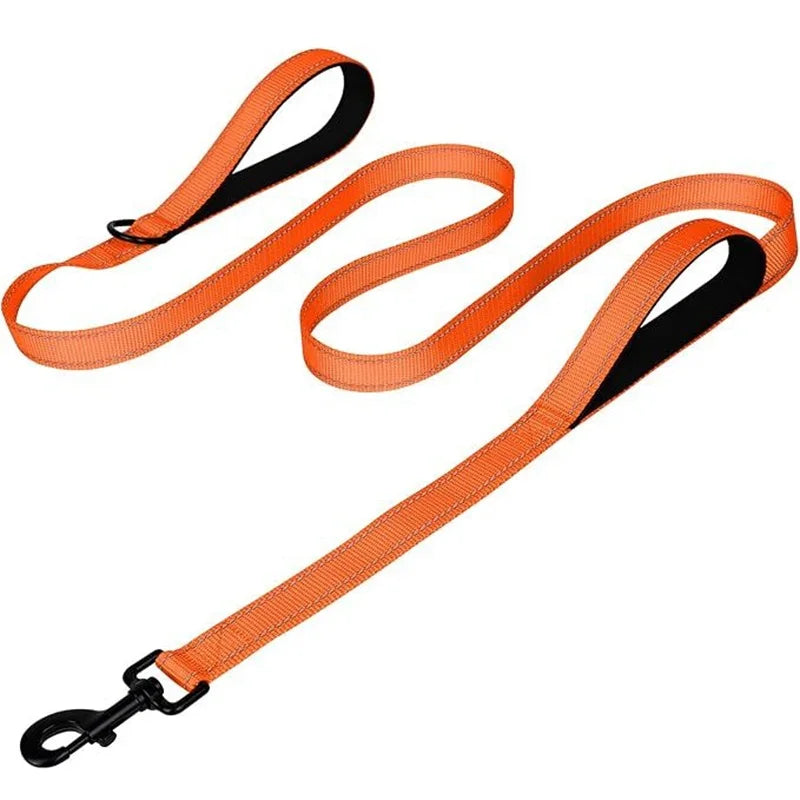 An orange nylon dog leash with two padded handles and a black metal clip.