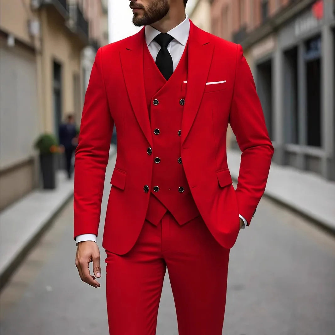 Men's classic wedding tuxedo with slim fit, 3-piece suit including jacket, vest, and pants for grooms and formal events.