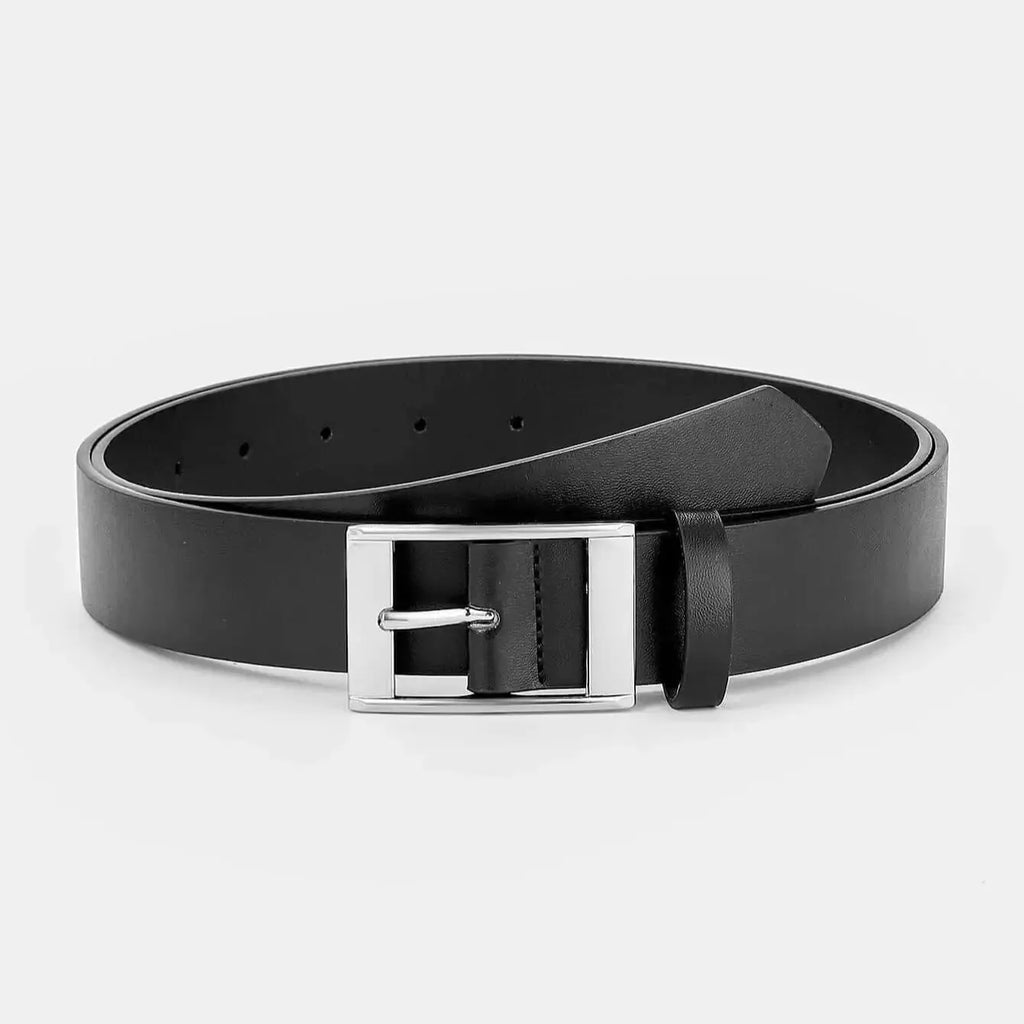 Men's faux leather belt with pin buckle, casual and business style, featuring a sleek design and adjustable fit.
