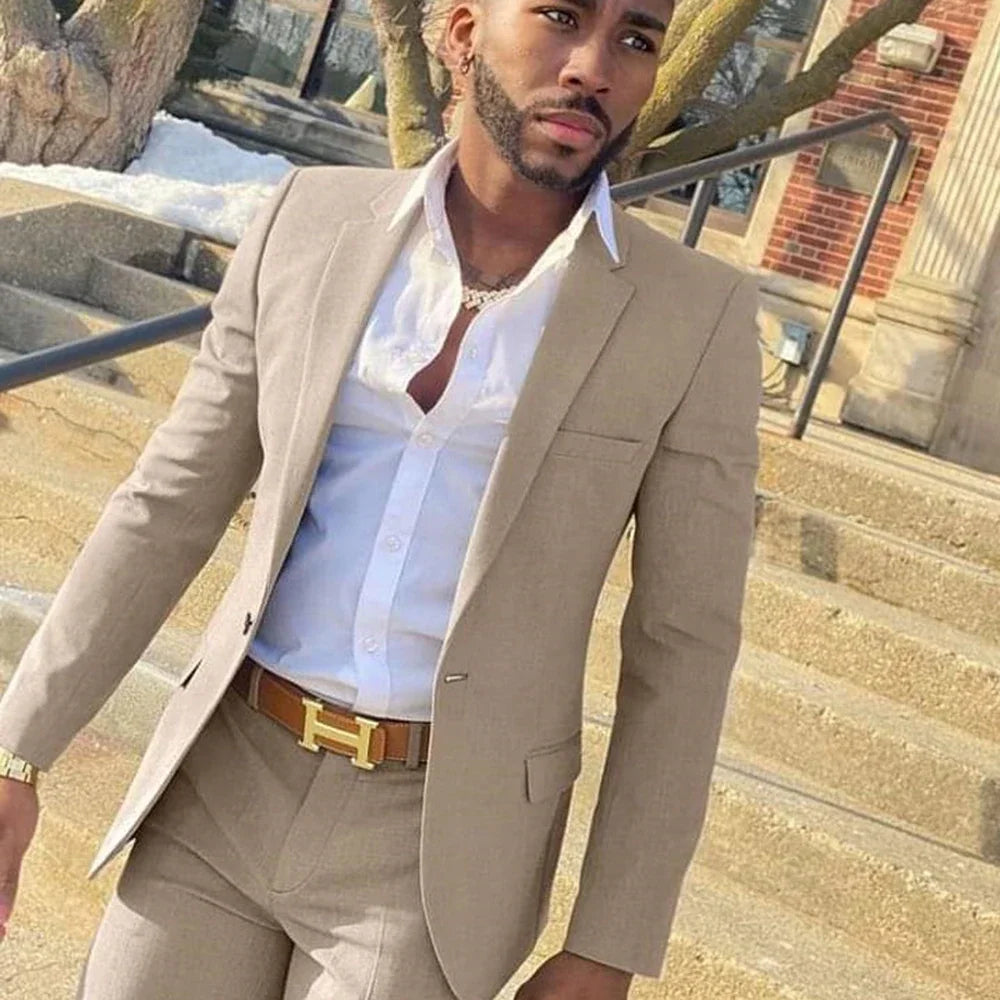 Beige slim fit men's tuxedo suit for wedding groom, SHOWLU FASHION STORE, with jacket and matching trousers displayed.