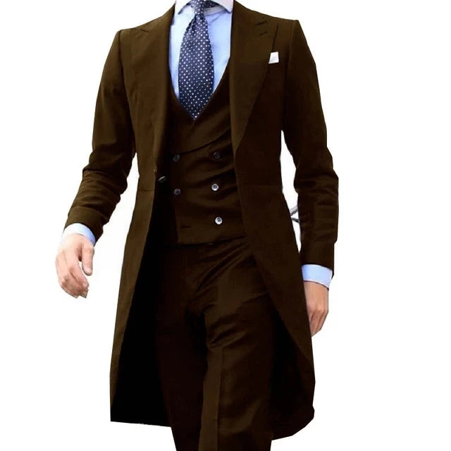 Customized white and brown formal men's suit by Showlu Fashion, featuring blazer, vest, and trousers for wedding or business events.