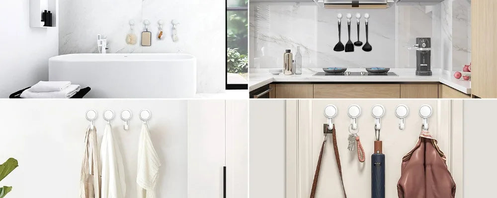 Wall mounted storage hooks by Showlu Smart General, showing sturdy hooks attached to a wall for organizing items.