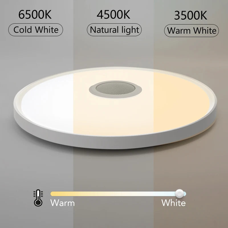 Showlu Smart RGB LED ceiling light with Bluetooth speaker, remote control, and adjustable color lighting in a modern living room.