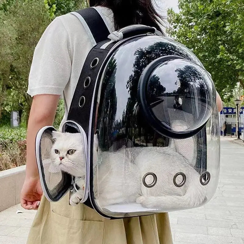 Transparent Showlu Space Capsule Pet Backpack with breathable design for cats, showcasing the stylish, lightweight cat carrier.
