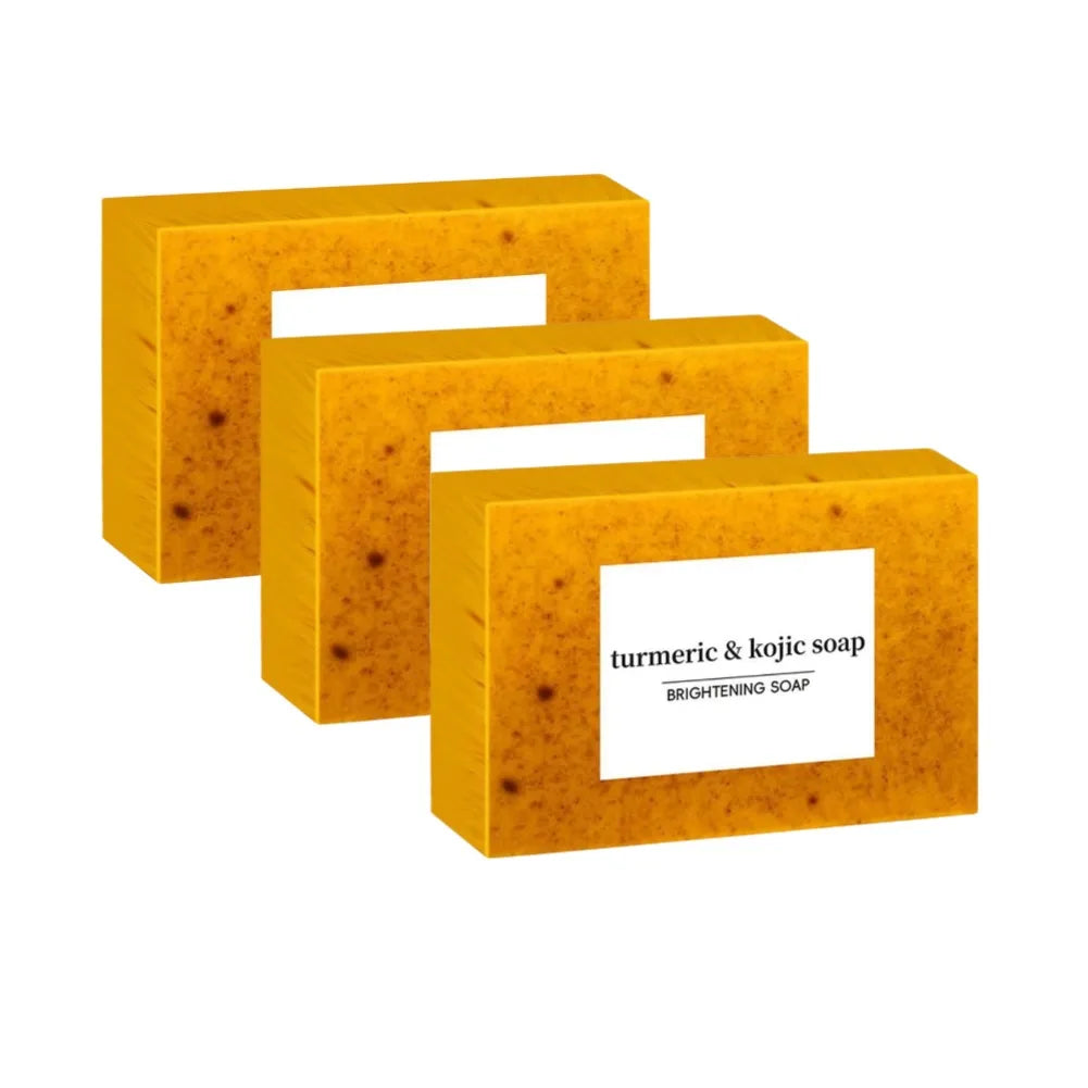 Handmade turmeric and lemon kojic acid soap bar, natural body and facial cleanser, shown in a 100g package with multiple pieces
