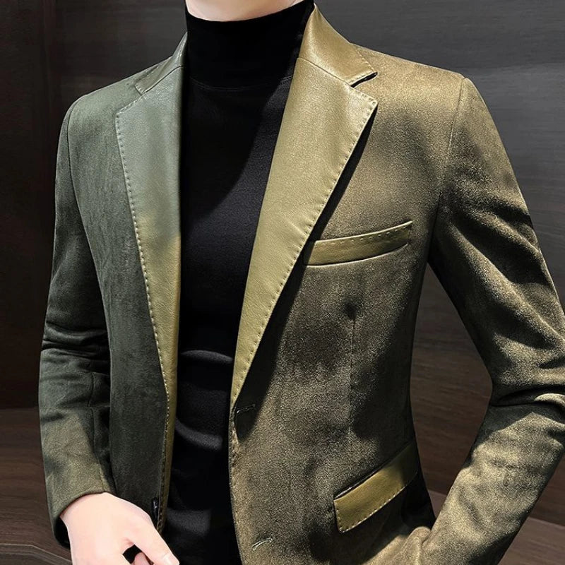 Men's long sleeve blazer with turn-down collar, patchwork deer skin design, Korean pockets, button front, in spring and autumn fashion style.