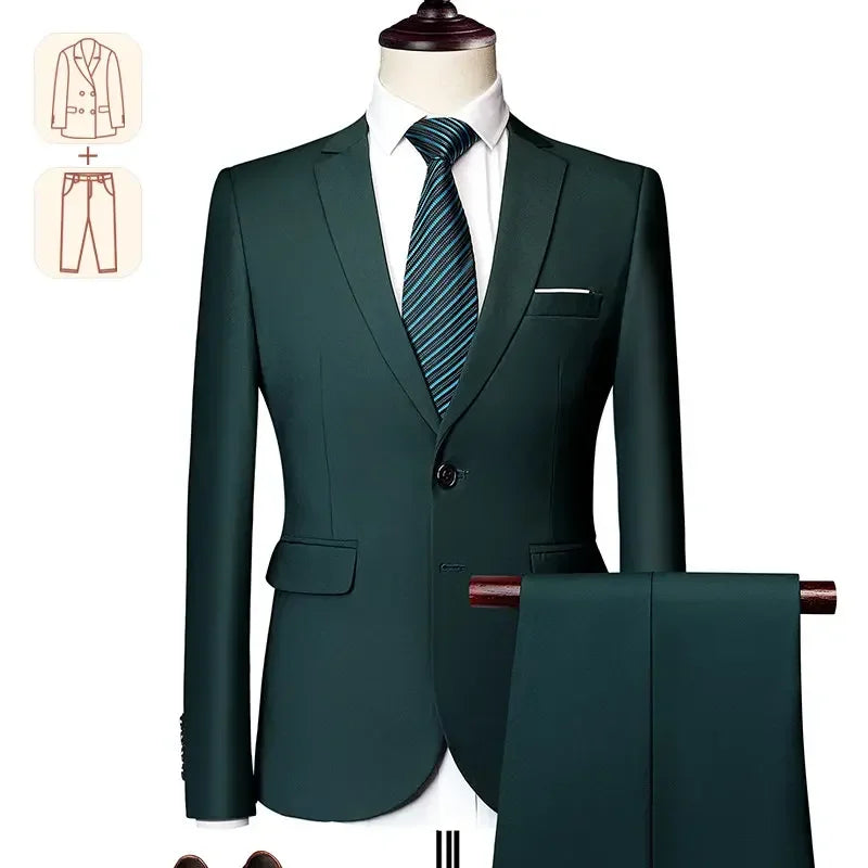 Men's black business casual suit by Showlu Fashion, formal tuxedo set with solid color, suitable for weddings and parties.