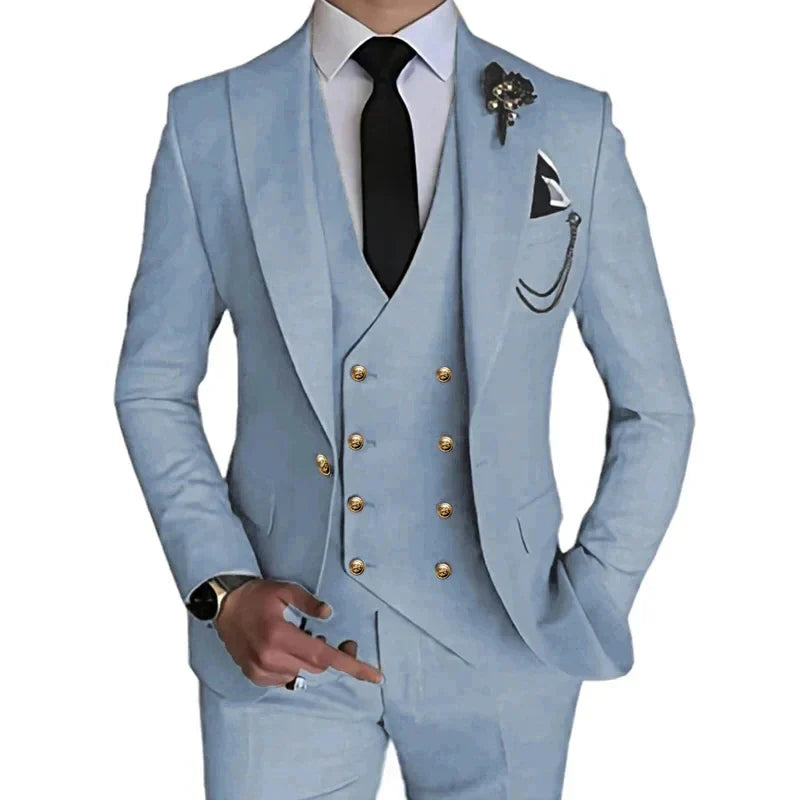 Men's slim fit 3-piece wedding tuxedo suit with single-breasted jacket, dress shirt, and matching trousers from SOLOVEDRESS by SHOWLU FASHION.