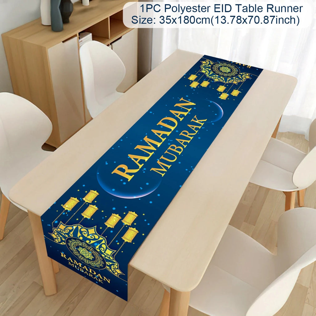 Ramadan decoration table runner with Eid Mubarak design, ideal for Islamic home decor and Ramadan Eid Al-Fitr celebrations.