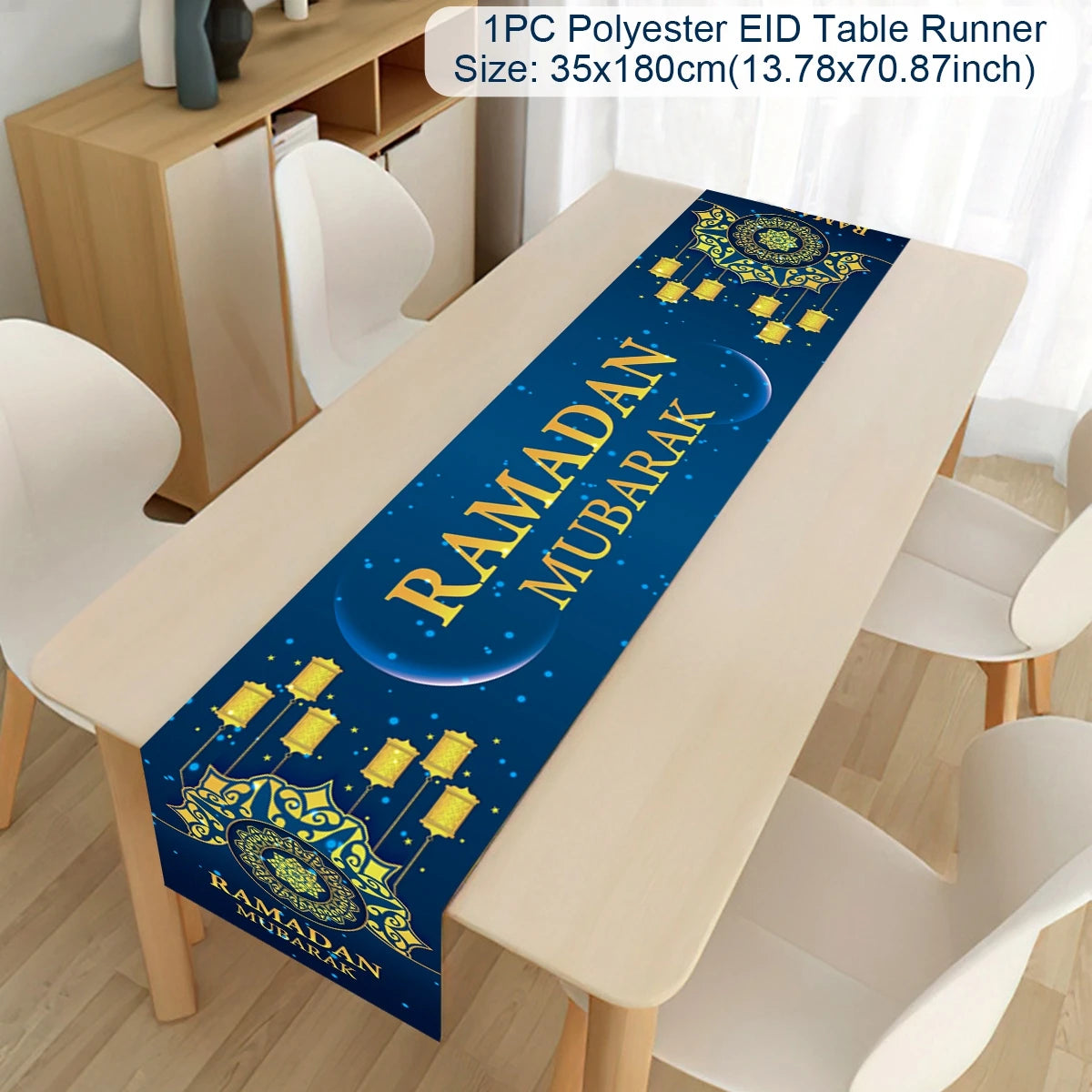 Ramadan decoration table runner with Eid Mubarak design, ideal for Islamic home decor and Ramadan Eid Al-Fitr celebrations.
