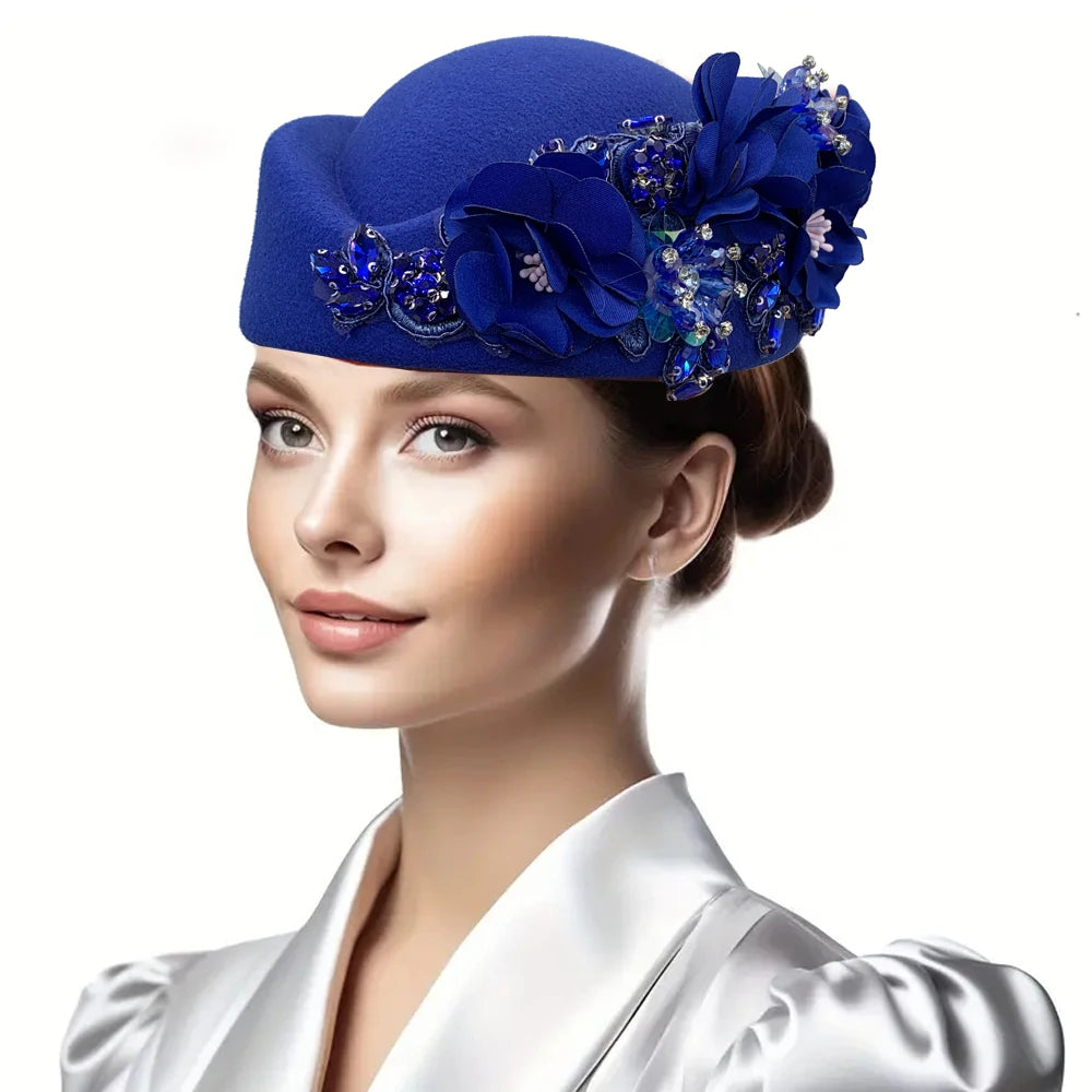 Women Air Stewardess Hat Rhinestone Flower Church Derby Beret Hats for Party Wool Felt Pillbox Costume Cosplay Caps Accessores