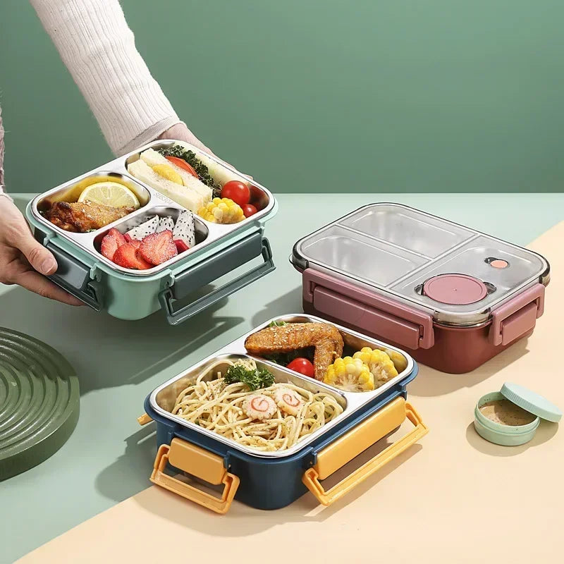 Stainless steel 850ml insulated bento box with lid, portable lunch container for children and adults, suitable for soups and meals.