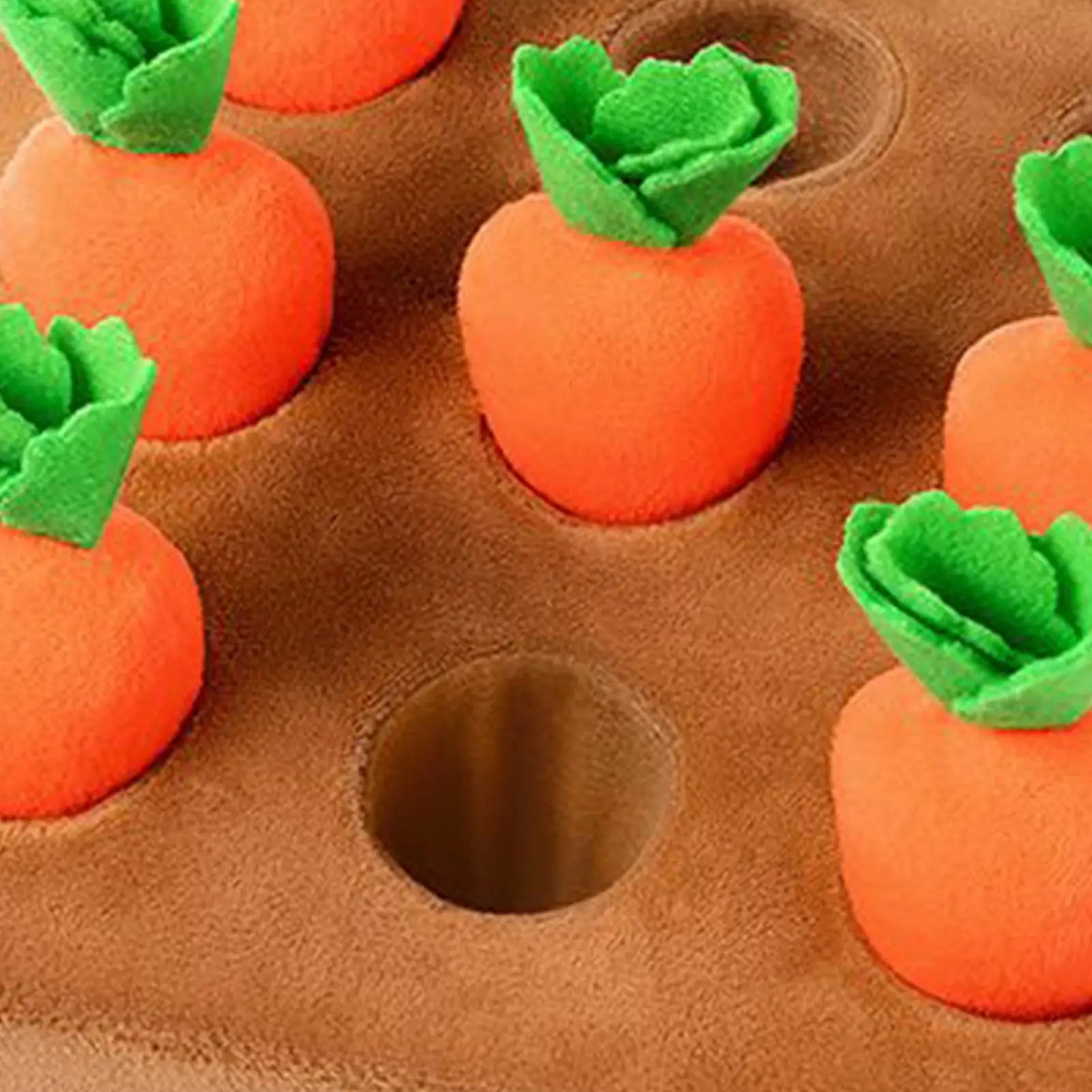 Interactive dog snuffle mat featuring a carrot shape, designed for enrichment, foraging, and boredom relief.