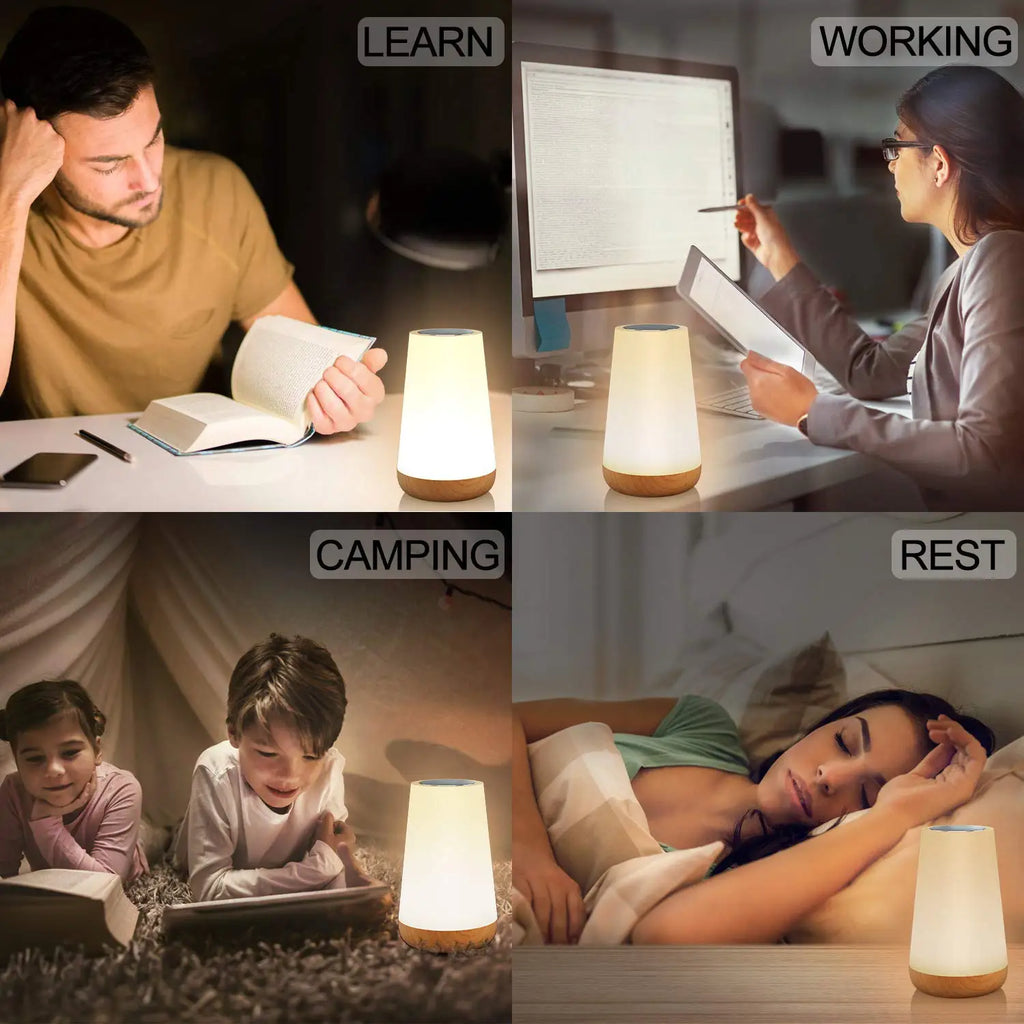 Showlu Smart General RGB Touch Remote Night Light emitting colorful glow, with touch controls and remote in a dark room setting.
