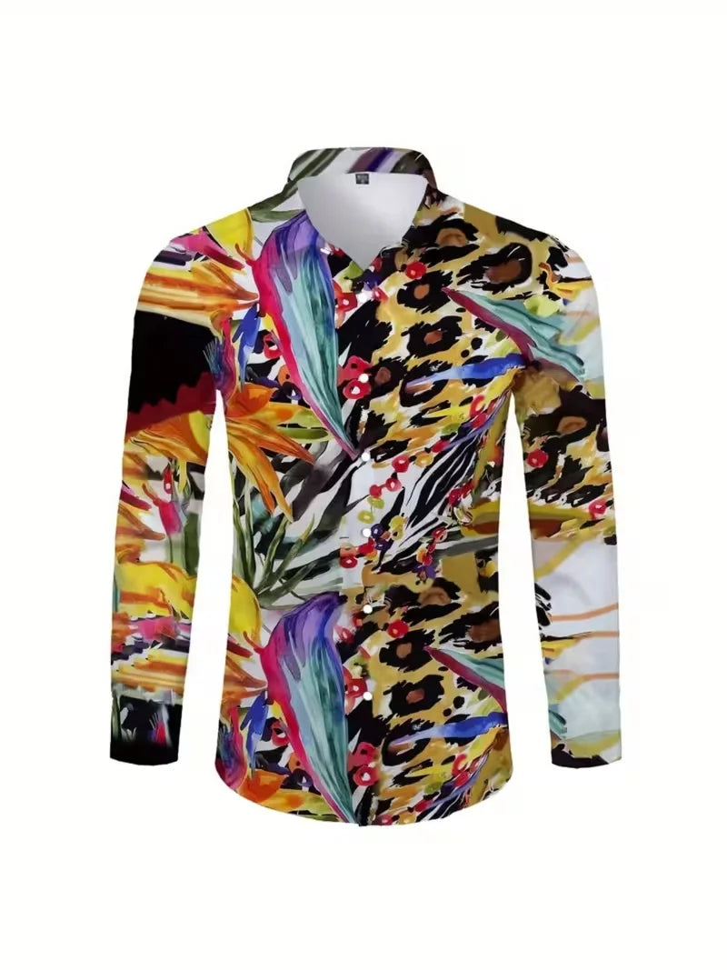 Showlu men's casual long sleeve shirt with 3D striped flower print silk fabric, stylish and comfortable for everyday wear.