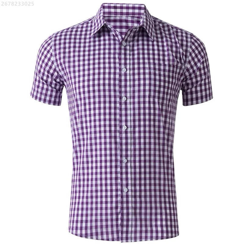Men's short-sleeved Hawaiian plaid shirt in red and blue, breathable, casual streetwear by Showlu Fashion Store.