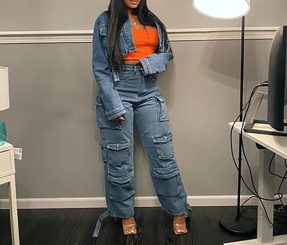 Naupang women's high-waisted cargo jeans by SHOWLU FASHION STORE with loose fit and multiple front and side pockets.