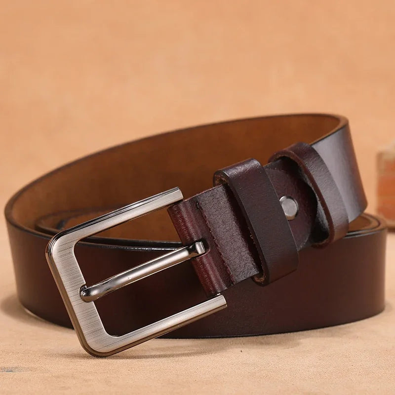 Showlu men's genuine cowskin leather belt in plus size, 110cm to 170cm, featuring a classic brown finish and durable metal buckle.