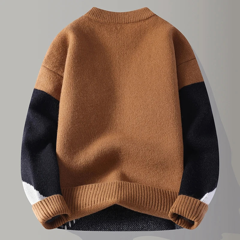 Youthful vitality men's knit sweater featuring patchwork, O-neck design, warm and casual autumn winter fashion by Showlu Fashion.