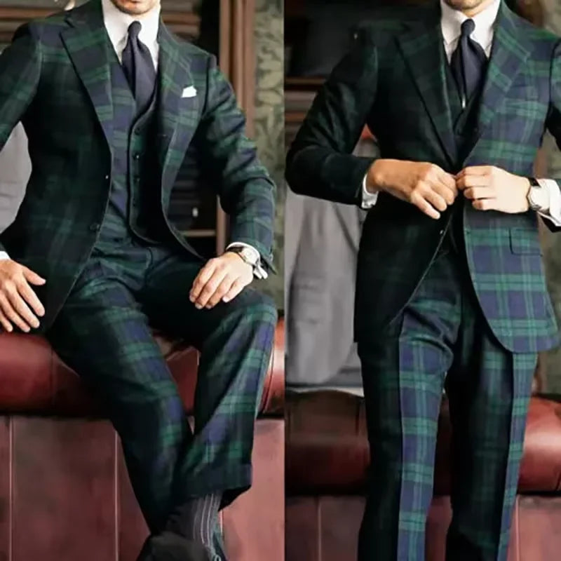 Showlu Fashion men's plaid formal blazer with notch lapel, single-breasted design, part of a 3-piece suit with matching pants and vest.