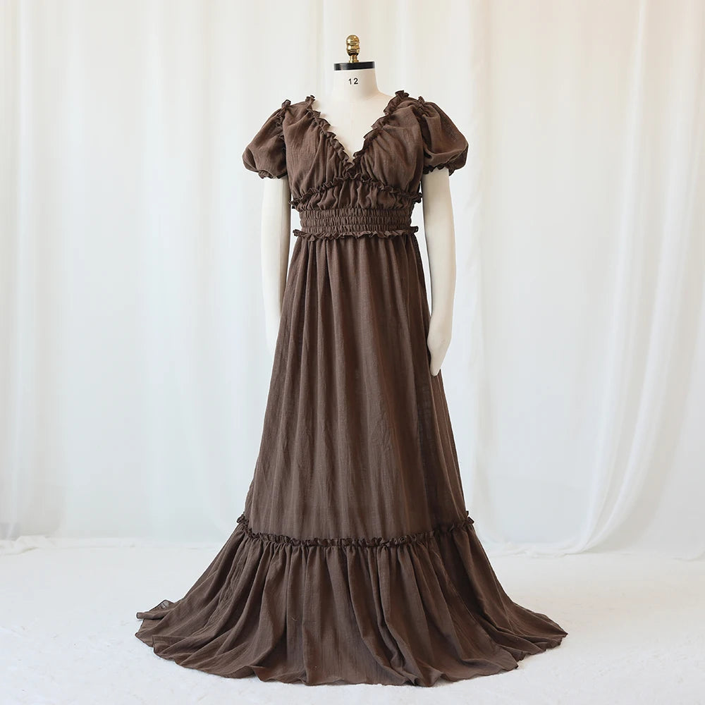 Showlu Bohemian maternity maxi gown with off-shoulder ruffled design, perfect for photos and comfortable maternity wear.