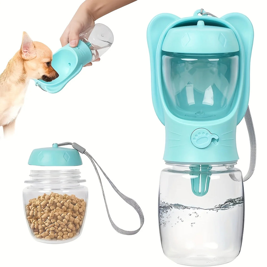 Showlu portable dog water bottle and food container for pet travel, compact design with water and food sections for on-the-go use.
