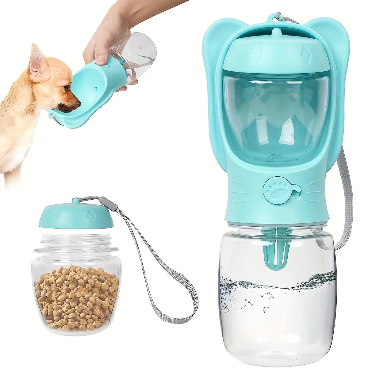 Showlu portable dog water bottle and food container for pet travel, compact design with water and food sections for on-the-go use.