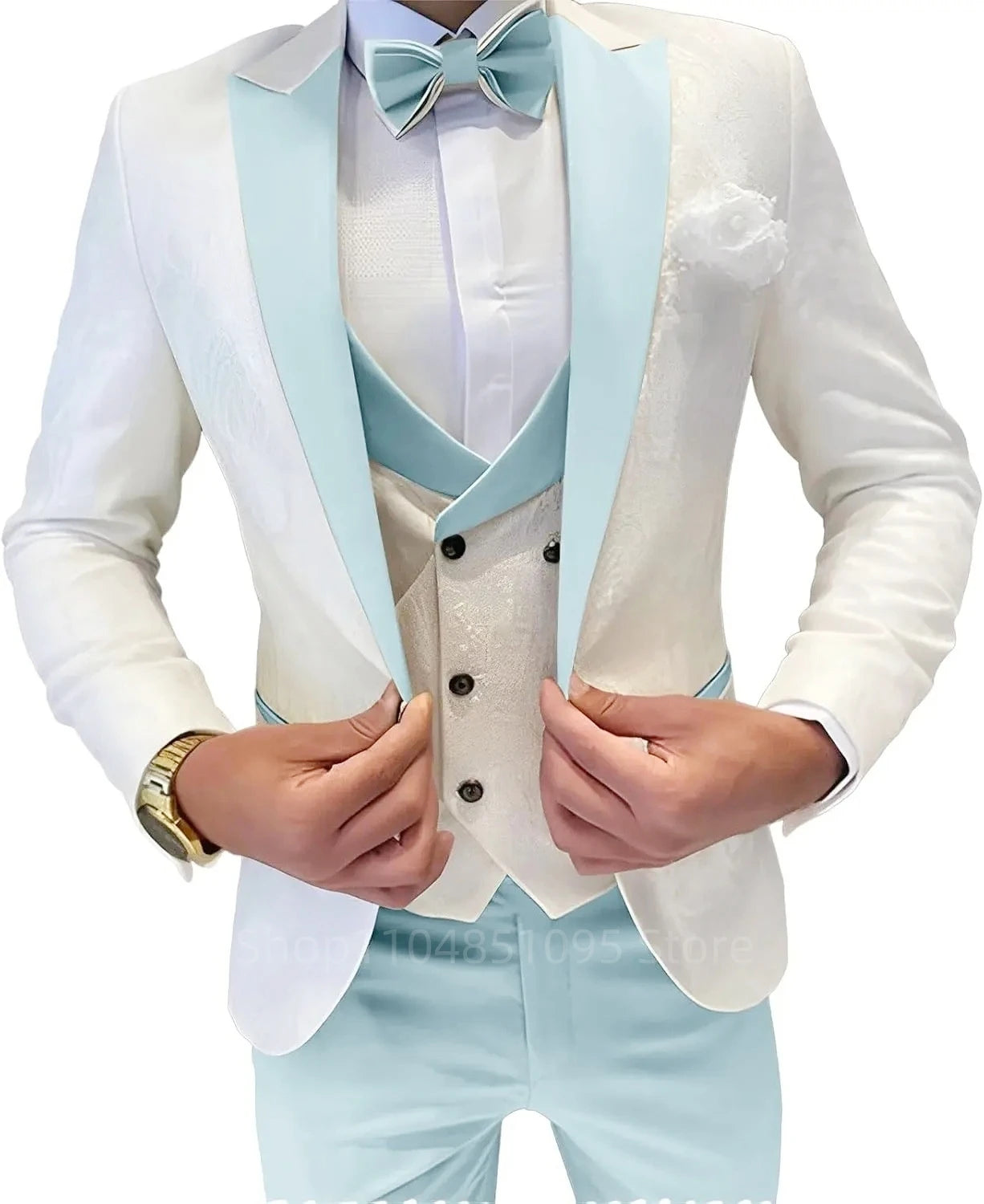 Fashion Jacquard men's formal groom suit 3-piece set with peak lapel blazer, vest, and pants for business or wedding occasions.