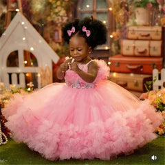 Lovely Pink Customized Flower Girl Dress For Wedding Sleeveless With Bow Beading Puffy Kids Birthday Party First Communion Gown