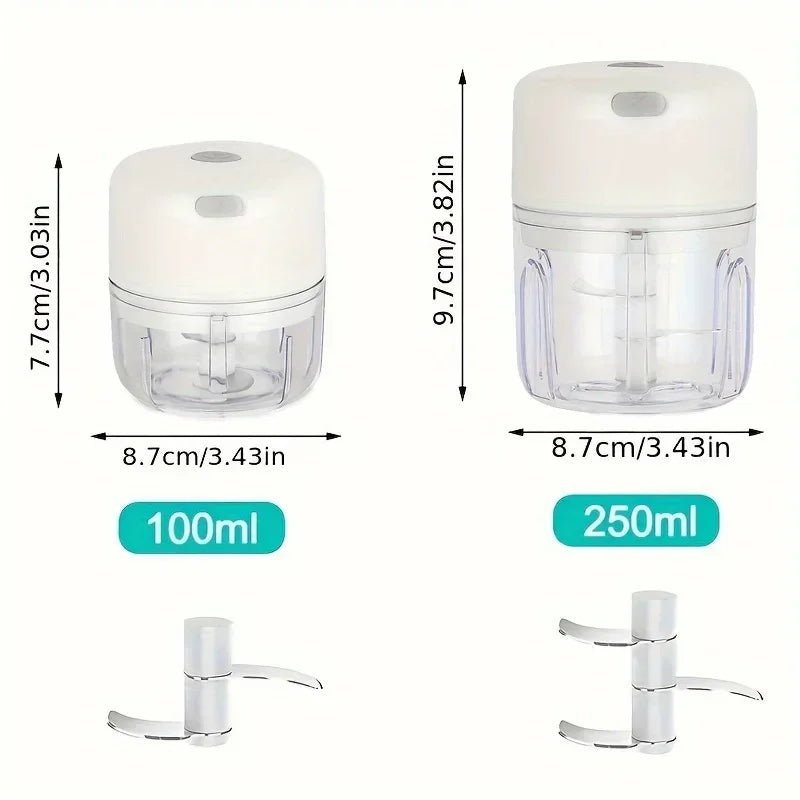 Mini electric garlic grinder by Showlu Smart General showing a compact device with garlic cloves inside for effortless grinding.