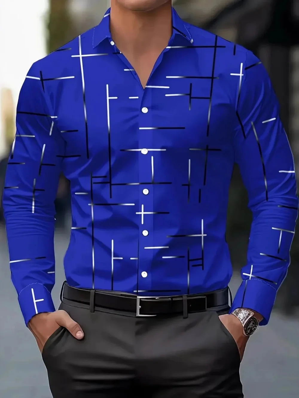 Men's long-sleeved spring shirt in minimalist line design, high-end European and American style casual business wear.