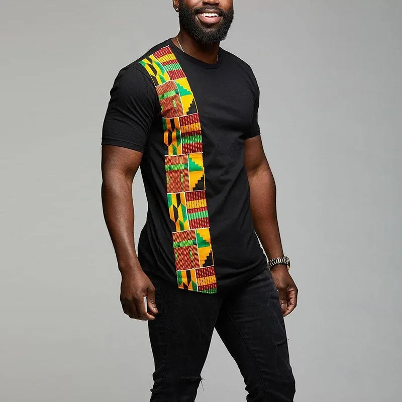 Men's African Kente patchwork T-shirt by SHOWLU FASHION STORE featuring colorful Ankara cotton fabric and traditional design.