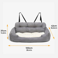 A grey and white rectangular pet car seat bed with dimensions labeled in centimeters and inches.