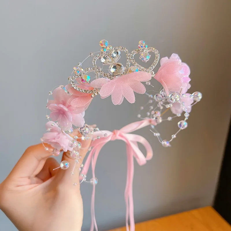 Kids Elegant Flower Wreath Fairy Crown Headband Princess Girls Rhinestone Hair Hoop Kids Birthday Wedding Hairband