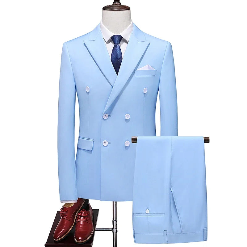 Slim fit double-breasted men's suit by Showlu Fashion, perfect for business and wedding occasions, shown in dark color with tailored fit.