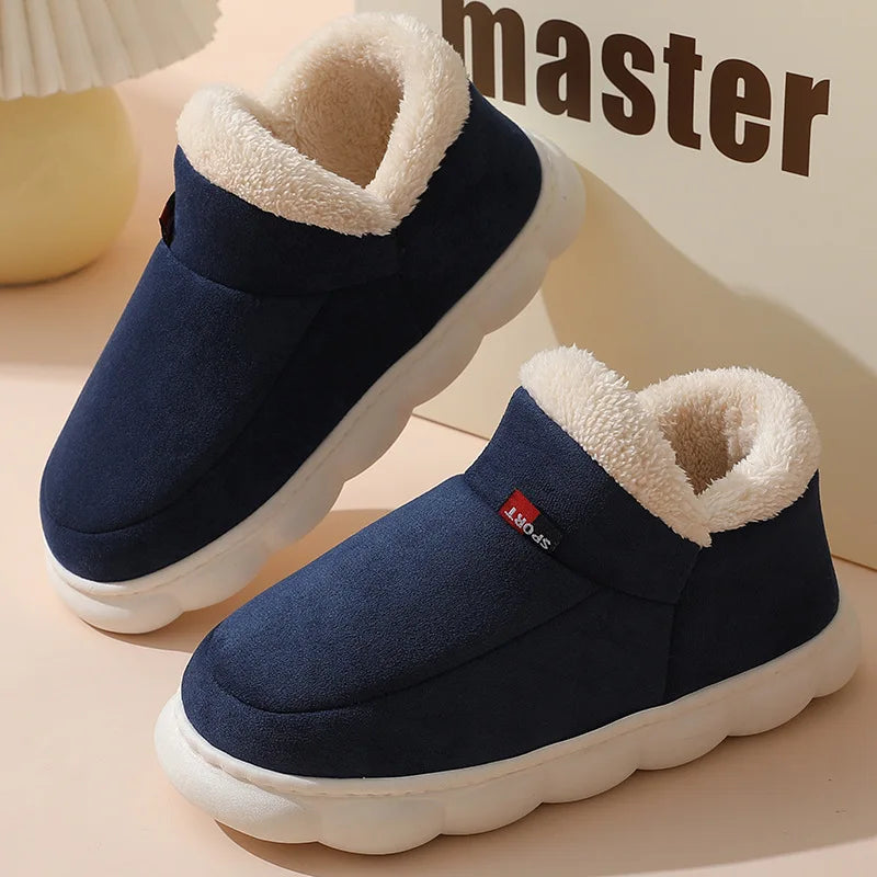Showlu Fashion Winter men's slippers with plush cotton boots, soft fluffy fur lining, indoor furry house shoes, casual and comfortable.