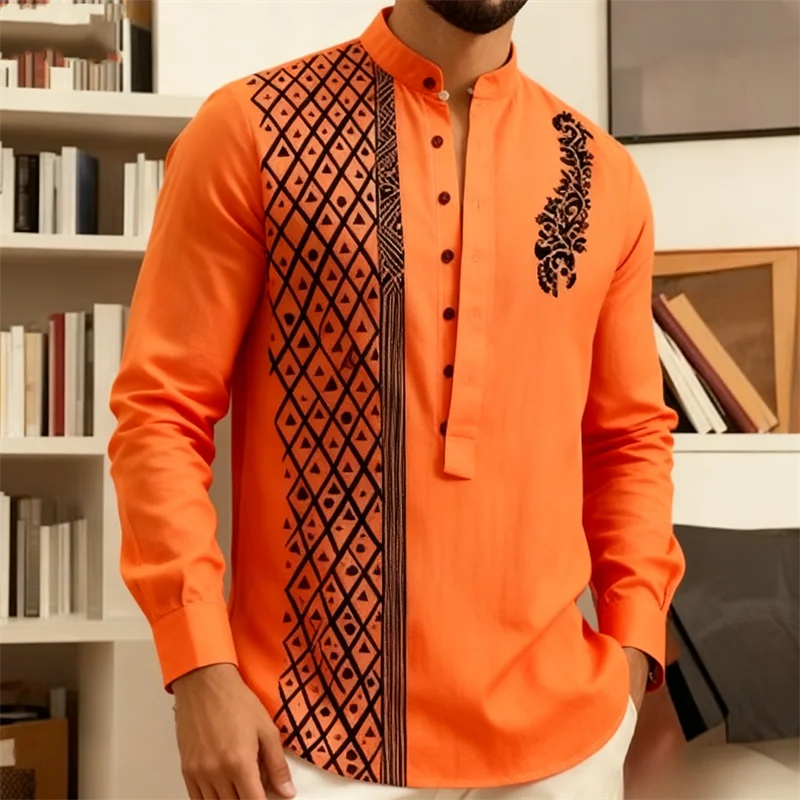 Men's long sleeve button shirt with 7 buttons, loose fit, Henley style, in a beach-inspired fabric by Showlu Fashion Store.