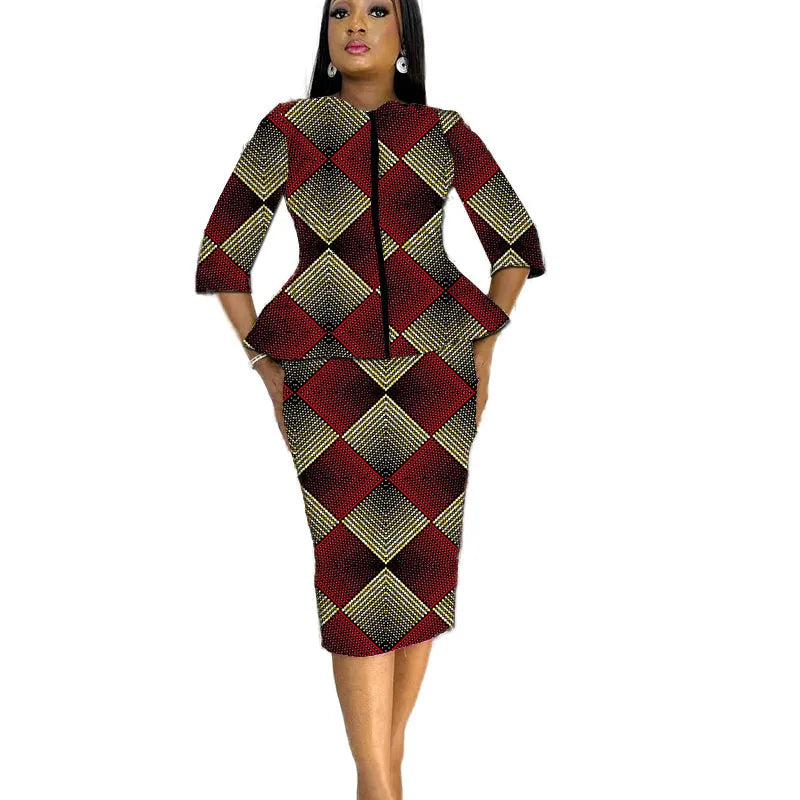 African print women's party outfit featuring a tailor-made blouse and skirt set with vibrant, traditional African fabric and intricate patterns.