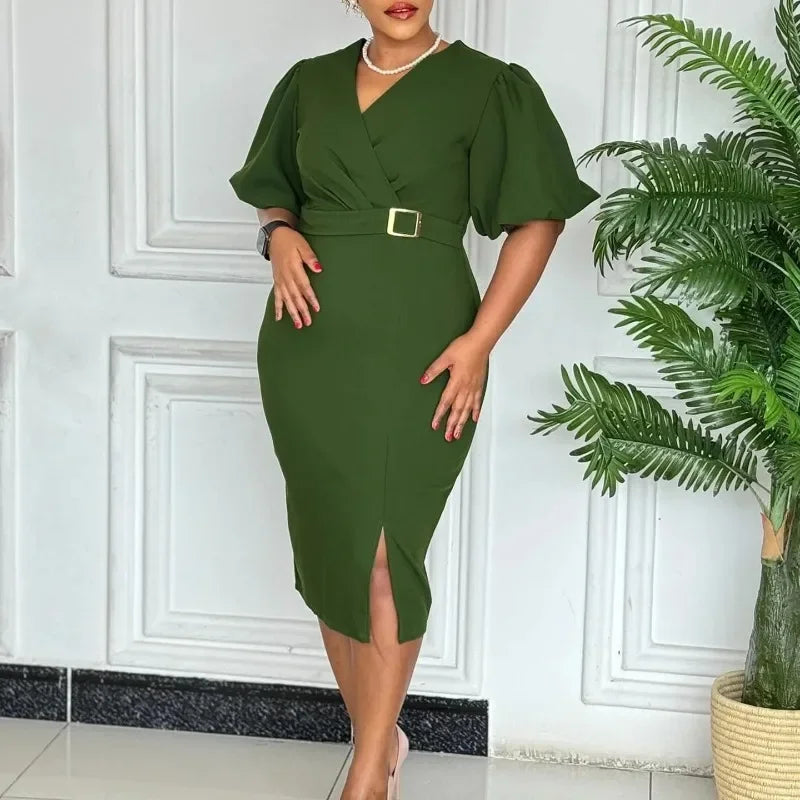 Elegant African dashiki dress for women featuring short sleeves, V-neck, polyester fabric, perfect for summer occasions.