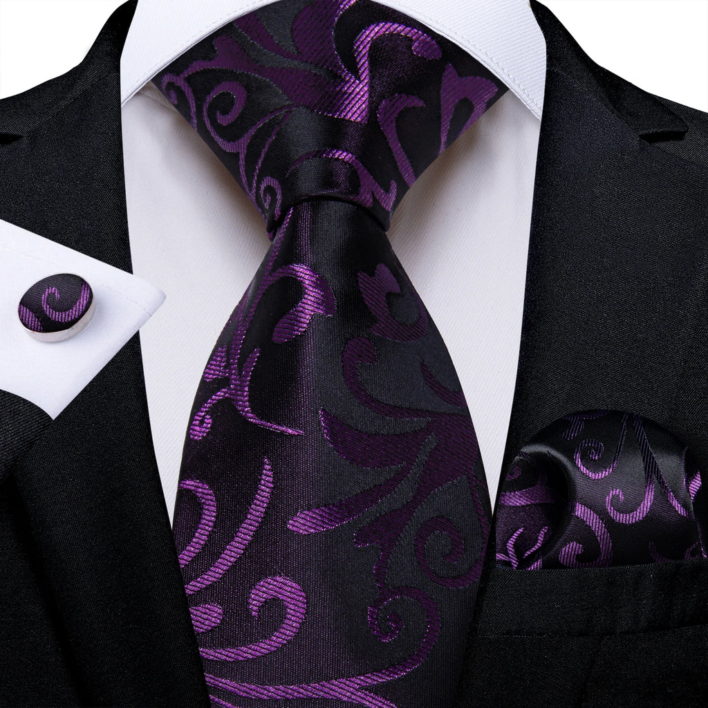 DiBanGu Ties For Men Purple Floral Paisley Necktie Business Formal 100% Silk Tie Pocket Square Set For Wedding Party Cravat