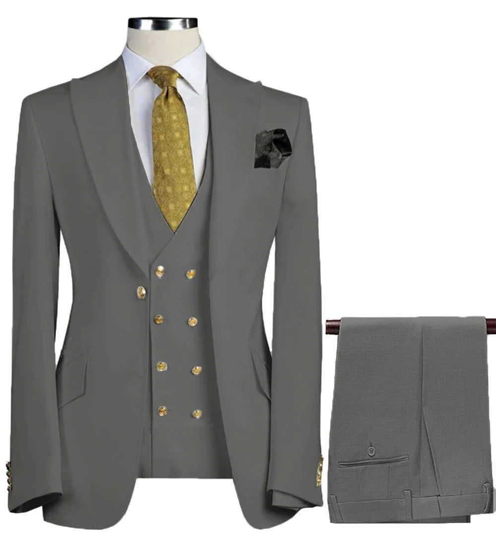 Men's 3-piece slim fit wool blend suit with jacket, vest, and trousers, ideal for business and formal occasions.