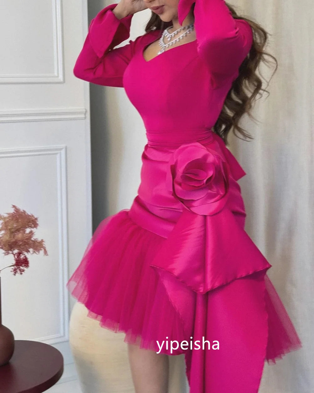 Elegant flower A-line sweetheart prom dress in knee length with a modern, classic style, available in customized sizes.