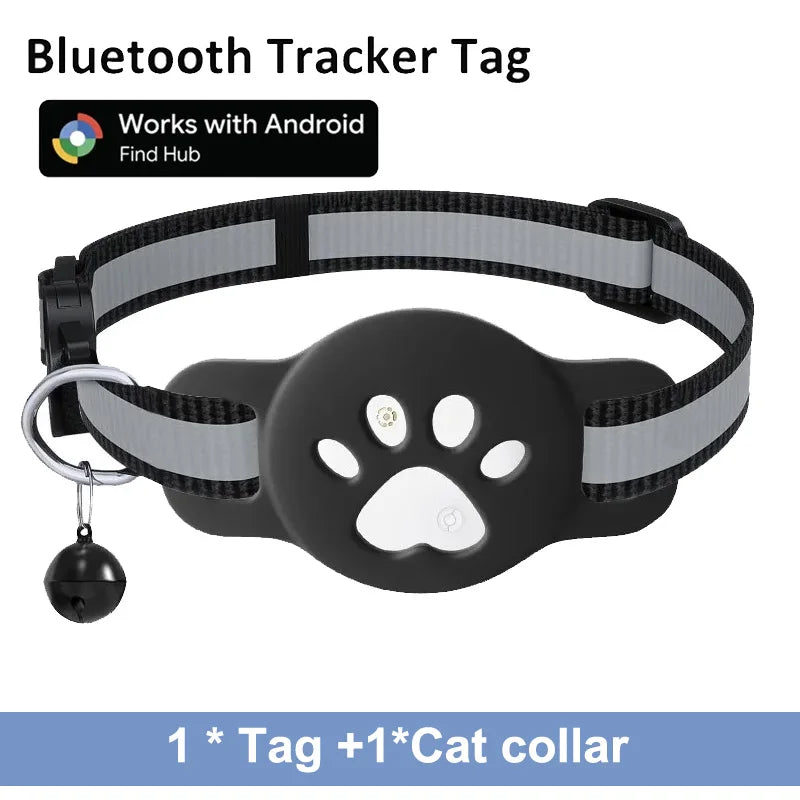 Leapii Bluetooth pet tracker for Android on mini GPS cat collar, showing device with tracking indicator and collar strap.