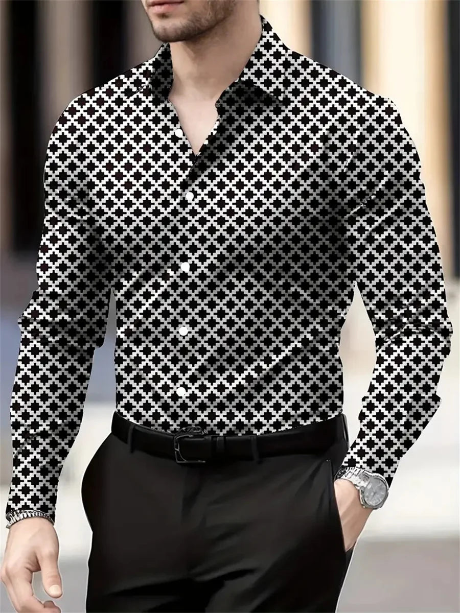 Men's long sleeve plaid shirt in 14 colors with high-definition geometric pattern, casual and breathable, from Showlu Fashion Store.